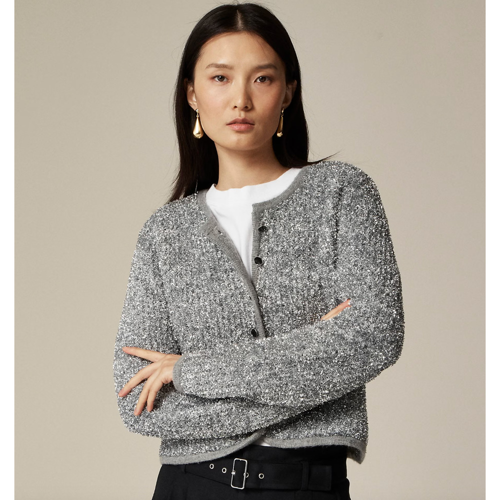 J.Crew Sweater Lady Jacket Silver Tinsel Yarn Metallic Party Gray Large NWT